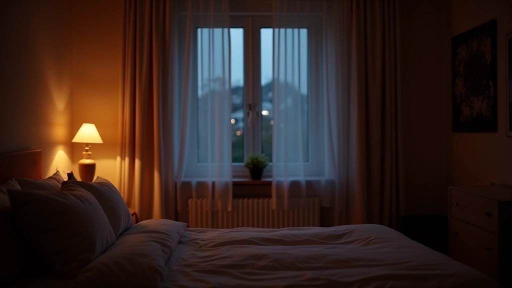 Wohnzimmer mit geschlossenen Vorhängen nachts, Heizkörper sichtbar, gemütliche Atmosphäre