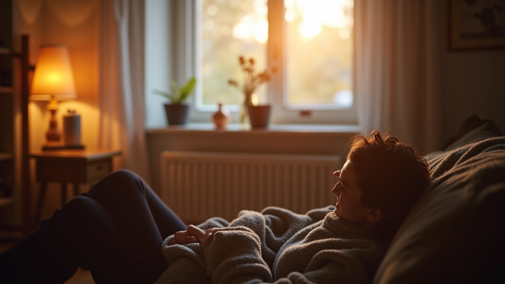 Wohnzimmer mit Heizkörper unter Fenster, Thermometer zeigt 20 Grad, gemütliche Beleuchtung, Person sitzt auf Sofa