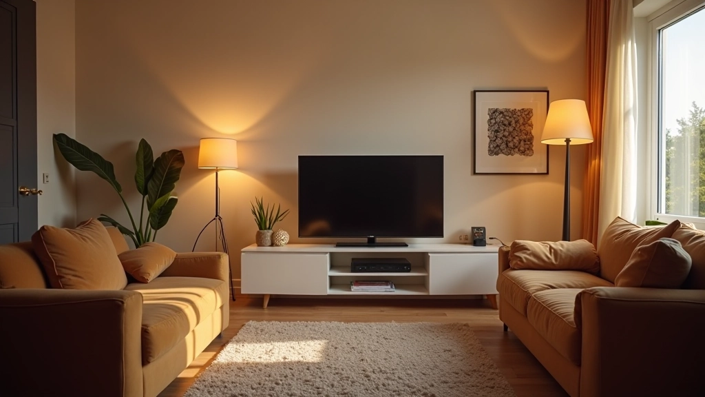 Modernes Wohnzimmer mit Fernsehgerät, Lampen und Elektronik, warmes Wohnambiente, Tageslichteinffall von Fenster