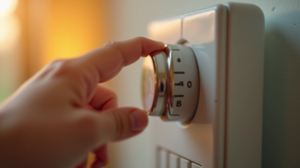 Nahaufnahme eines Thermostatventils mit Zahlen von 0 bis 5, Hand deutet auf Einstellung 3, Heizkörper sichtbar
